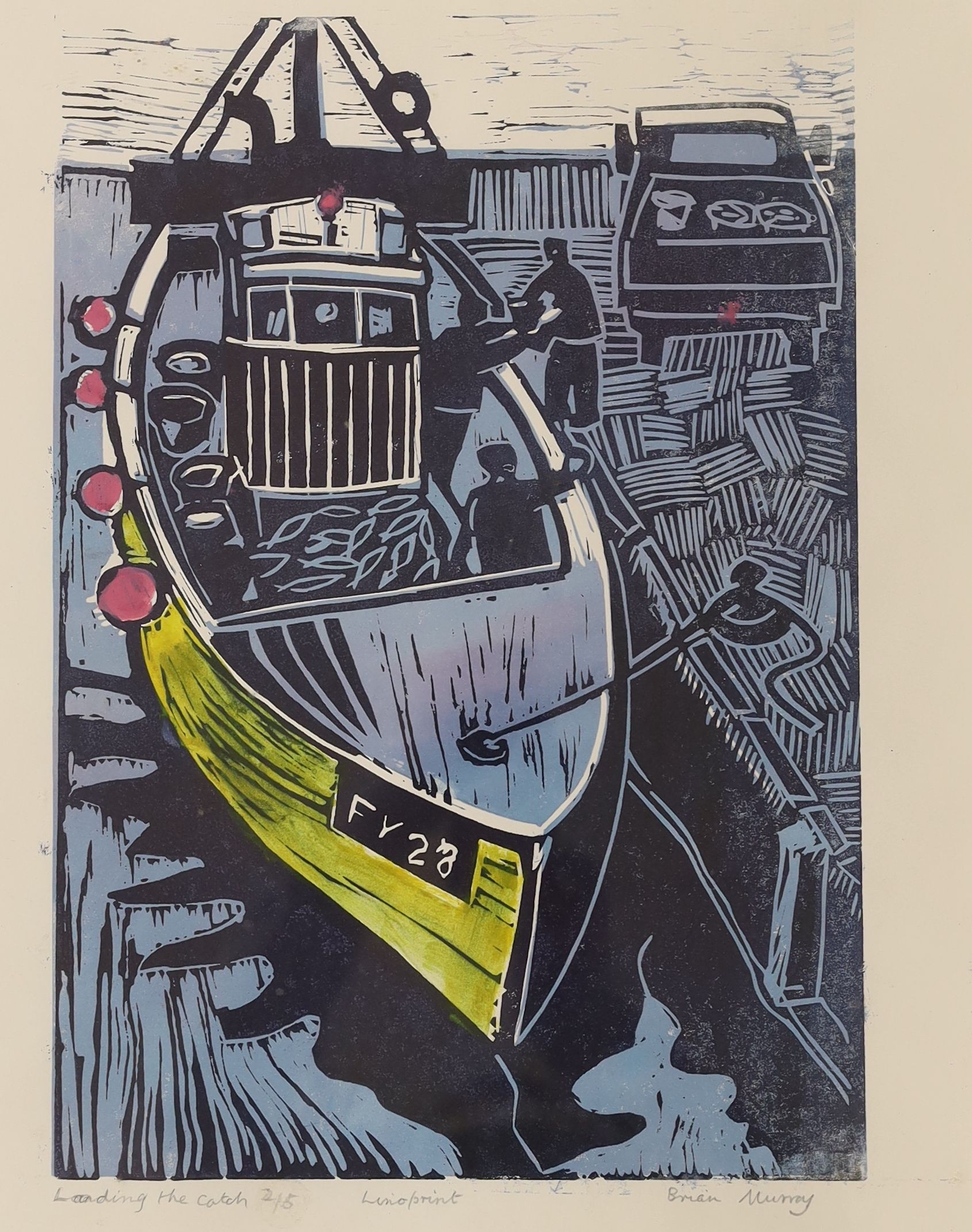 Brian Murray, linoprint, 'Landing the catch', signed, 2/5, 44 x 37cm